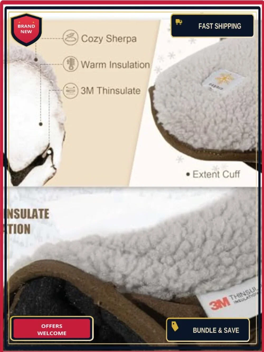 Sherpa Mittens with 3M Thinsulate, Anti-Slip Grip, Heavyweight Fleece Lined